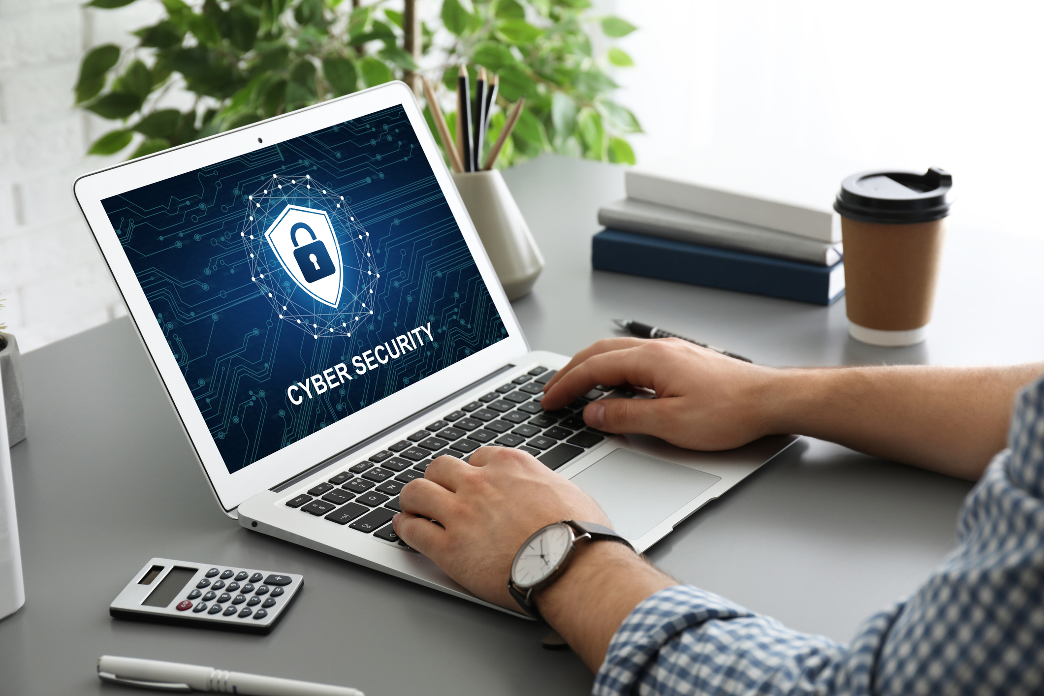 Cyber security concept. Man using application on laptop, closeup Cyber security concept. Man using application on laptop, closeup