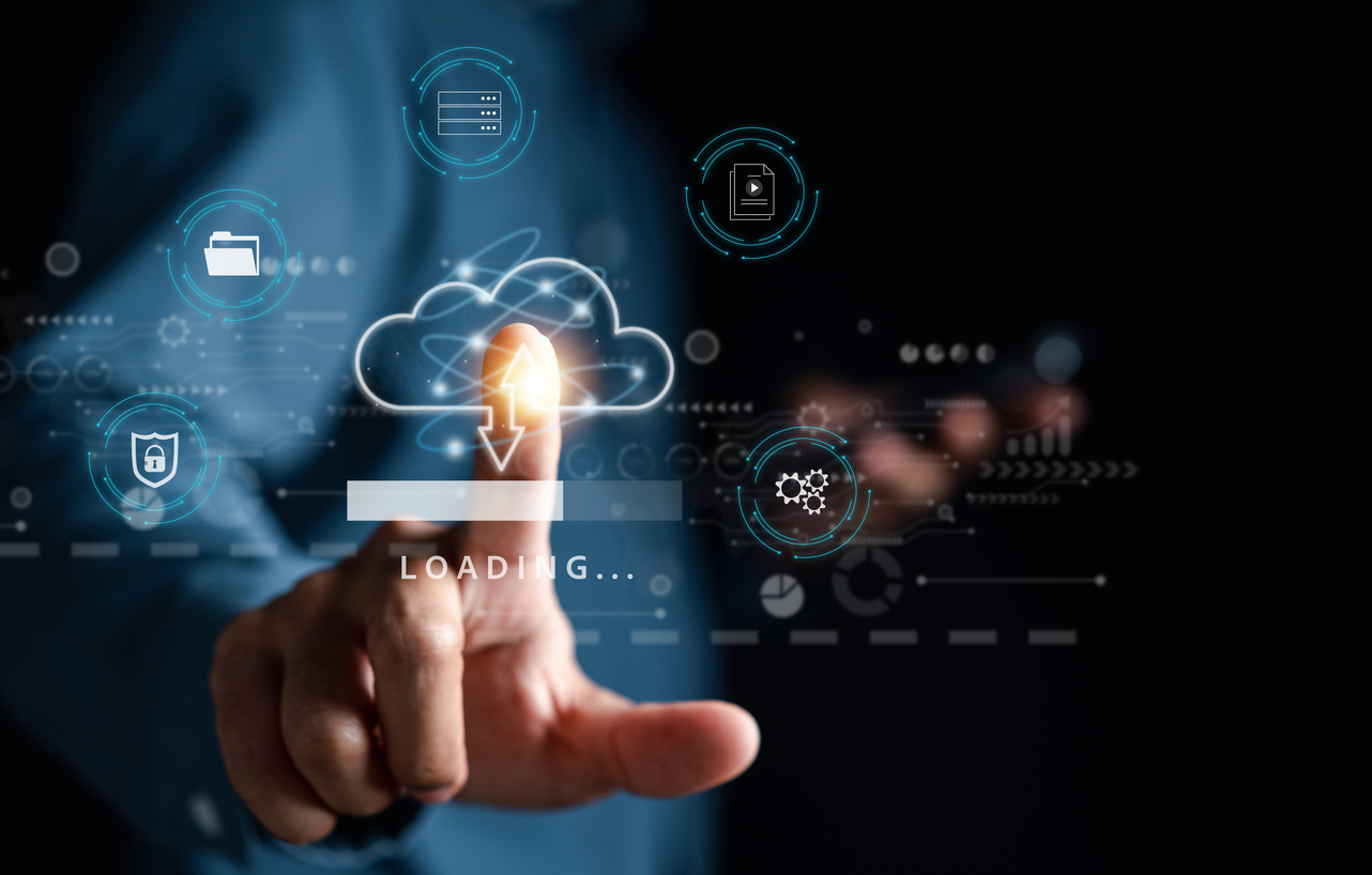 Cloud computing diagram digital technology, business people touching on Cloud system. Data storage. Networking and internet service. online data management system, information system for business.