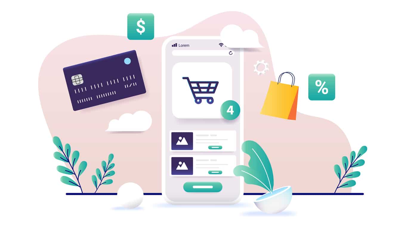 Web shop on mobile phone screen with shopping basket and credit card.